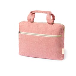 A pink bag with a zipper and dual handles, featuring a front pocket and a simple design.