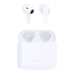 White earbuds housed in a matching charging case, featuring a logo on the case.
