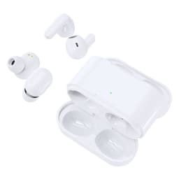 White wireless earbuds and charging case, featuring a sleek design with a logo on the case.