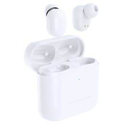 White wireless earbuds in a charging case, featuring a compact design and a logo on the case.