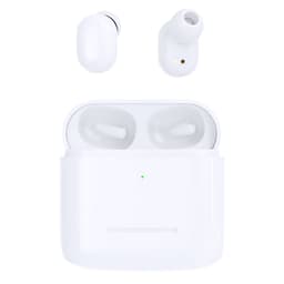 White wireless earbuds with a charging case, featuring two earbuds placed above the open case.