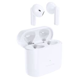A pair of white wireless earbuds with a charging case, showcasing the earbuds outside the case.