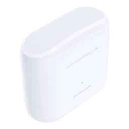 A pair of white earbuds in a compact charging case, featuring a small indicator light and a smooth surface.
