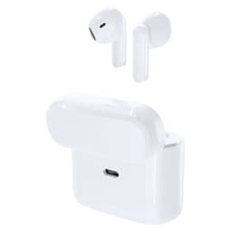 A pair of white wireless earbuds are displayed above a matching charging case, featuring a logo on the case.