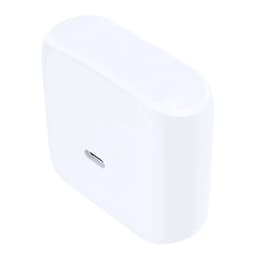 A white charging case for earbuds with a USB-C port on the bottom and a smooth, rounded design.