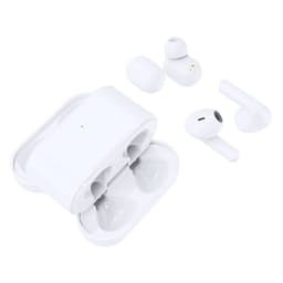 Wireless white earbuds in a charging case, with additional earbuds displayed beside the case.