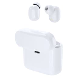 White wireless earbuds with a charging case, showcasing a sleek design and featuring a logo on the case.