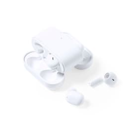 A set of white earbuds with a charging case, displayed with one earbud outside the case.