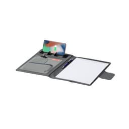 A black Harbur Folder featuring a notepad, pen, phone stand, and various compartments for documents and cards.