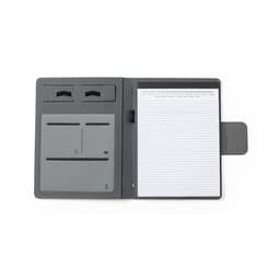 A grey Harbur Folder featuring compartments for cards and a lined notepad on the right side.