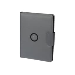 A grey folder with a smooth finish and a circular logo on the front. It features a secure closure.