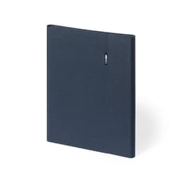A navy blue compendium with a simple design and a pen holder. It features a branding logo.