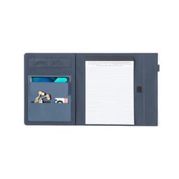 A navy Neseby Folder featuring a notepad, pockets for cards, and slots for accessories. Includes branding.