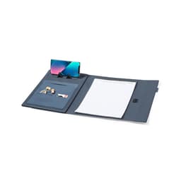 A navy Neseby Folder featuring a notepad, compartments for stationery, and a stand for a phone.