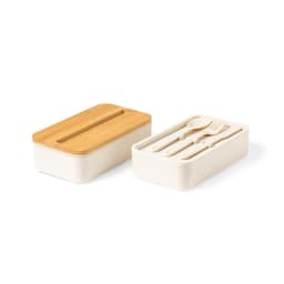 A lunch box featuring a cream body and a wooden lid, with compartments for utensils included.