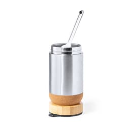 A stainless steel container with a cork base, featuring a wooden lid and a silver spoon.