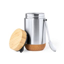 A stainless steel container with a cork base and wooden lid, accompanied by a silver spoon.