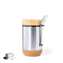 A stainless steel container with a cork base and a bamboo lid, accompanied by a spoon. It features a branding logo.
