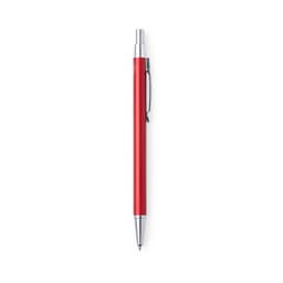 A metal pen in vibrant red with a sleek design and a clip, featuring branding on the barrel.