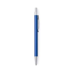 A blue metal pen with a silver clip and tip, featuring a simple design and a logo on the body.