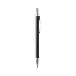 A metal pen in black with silver accents and a clip. It has a sleek, modern design.