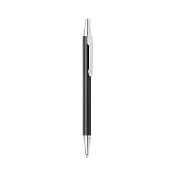 A metal pen in black with a silver clip and tip, featuring a sleek and modern design.