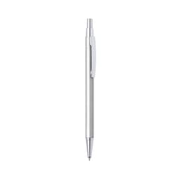A silver metal pen with a sleek design and a clip, featuring a branding logo.