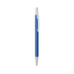 A blue metal pen with a silver clip and trim, featuring a sleek design. It has a branding logo visible.