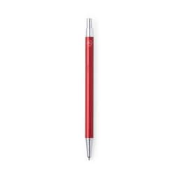 A red metal pen with silver accents and a logo. The pen has a sleek, modern design.