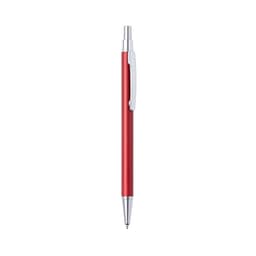 A red metal pen with a silver clip and tip, featuring a sleek design and a logo on the barrel.