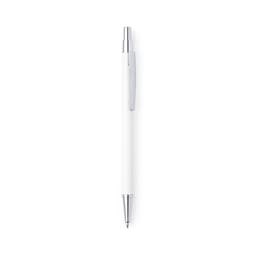 A white metal pen with silver accents and a clip, featuring a logo on its barrel.