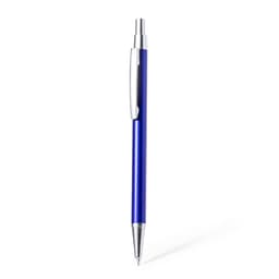 A blue metal pen with a silver clip and tip, featuring a sleek design and a logo on the barrel.