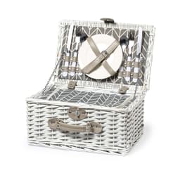 A white wicker picnic basket featuring cutlery, plates, and a strap, with a patterned interior and a logo.