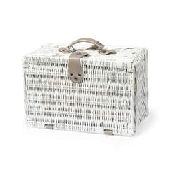 A white wicker picnic basket with grey accents and a handle, featuring a secure fastening.