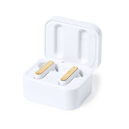 A pair of white earbuds sits in a matching charging case with wooden accents. The case has a sleek, minimal design.