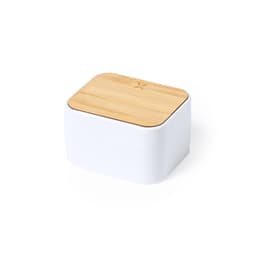 A white storage box with a bamboo lid, featuring a simple design and an embossed flower motif on the top.