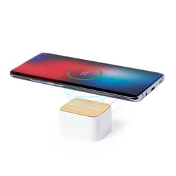 A wireless charger with a wooden top and white base, positioned below a smartphone displaying a charging icon.