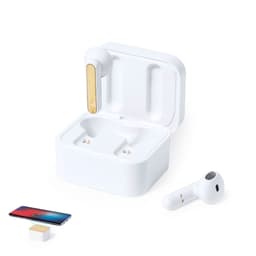 A pair of white earbuds in an open charging case, with a smartphone beside them. The earbuds feature a gold accent.