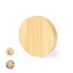 A round bamboo bottle opener with a silver metal opening feature and a light natural wood finish.