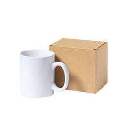 A white ceramic mug beside a plain brown cardboard gift box, featuring a simple design with no branding.