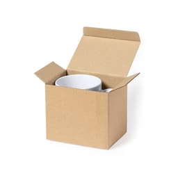 A brown cardboard box opened to reveal a white mug inside. The box has a simple design and contains no additional items.