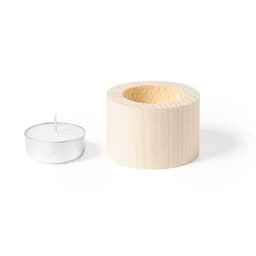 A wooden candle holder in a light finish with a white tealight candle beside it. The holder has a smooth texture and rounded design.