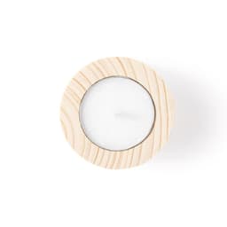 A wooden candle holder featuring a white candle in the centre, showcasing a natural finish.