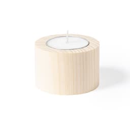 A round wooden candle holder featuring a white tealight candle in the centre. The wood has a natural finish.