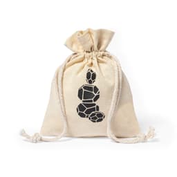 A drawstring bag in natural canvas featuring a black geometric design. The bag is secured with a rope closure.