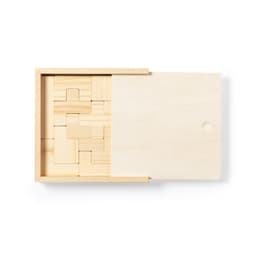 A wooden puzzle set with geometric blocks in a storage box, featuring a natural wood finish and an open lid.