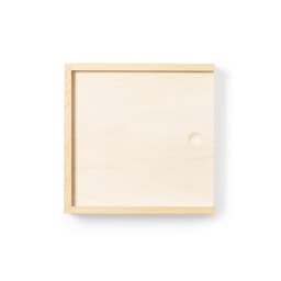 A plain wooden box with a square shape and a small circular hole for easy access.