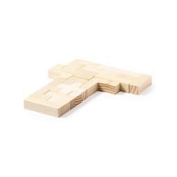 A wooden puzzle piece in natural colour, featuring an intricate interlocking design. It has a logo on the surface.