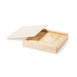 A wooden box with a removable lid, featuring an intricate puzzle design inside. It has a natural timber finish.