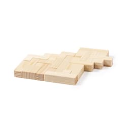 A wooden puzzle featuring interlocking pieces in natural wood tones, showcasing various geometric shapes and configurations.